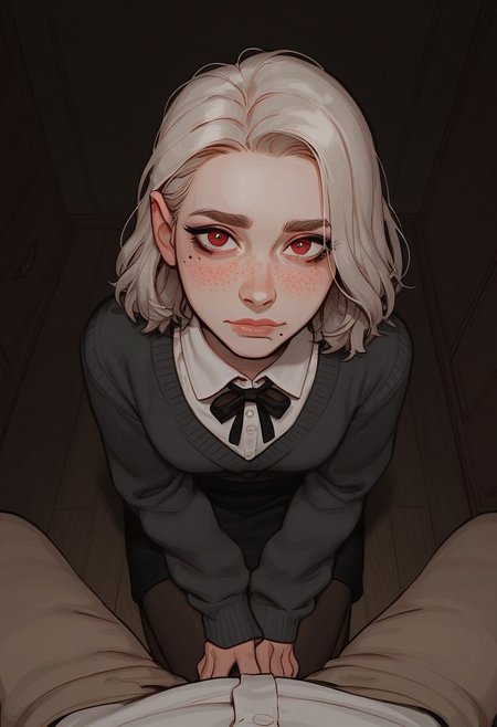 score_9, score_8_up, score_7_up, score_6_up, 1 gorgeous girl), beautiful face, soft expression, yandere expression, shy expression, platinum blonde bob hair, innocent face, shy, cute face, petite, skinny, dark red eyes, medium length bob hair, cardigan, skirt, stockings, forehead, dark storage room, kneeling on floor, interior, freckles, beauty mark, mole, avoiding eye contact, POV from above, dark, pitch black room, inside closet, inside storage room, high contrast, darkness background, shadows