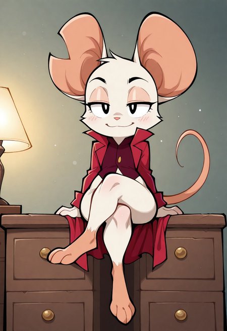 absurdres, masterpiece, best quality, amazing quality, by abesdrawings, traditional artwork,
1girl, solo, bedroom,
MinaTheHollower, anthro mouse, white fur, black eyes, notched ear, furry, female, flat-chested, shortstack, digitigrade, fur tuft, smile, minature girl, half-closed eyes, sitting on drawers, crossing legs, red coat, dark shirt, open coat, buttoned shirt, bottomless