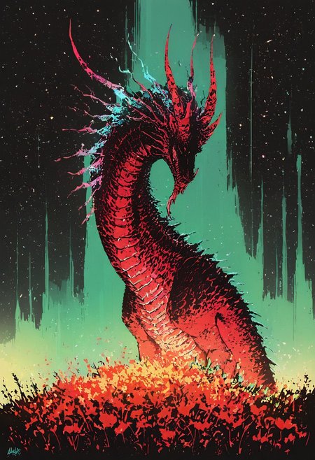 score_9, score_8_up, score_7_up, 
demon with rainbow-hued scales and glowing blue horns, standing in a field of luminescent flowers, vibrant yellows, pinks, and greens, aurora borealis overhead, air filled with sparkling particles, a beautiful yet menacing scene
, dark background, dark smoke, <lora:dcr34sed-c0l0ring-20:0.8>, dcr34sed_c0l0ring