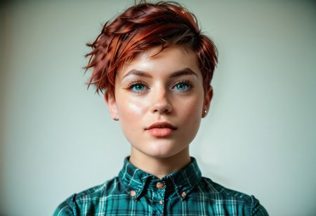 score_9, score_8_up, score_8, score_7_up, score_7, score_6_up, rating_explicit, centered in frame, close-up focus on face, (AshleeIrreal), intricate detailed eyes, realistic green pupils, green pupils, (small waist:1.3), (wide hips:1.5), thick thighs, (short red hair, pixie cut hair), detailed realistic skin, detailed face, (wearing green plaid button up shirt), High Waisted Tight Jeans, ((woman wearing tight high waisted denim jeans)), flat chest, cameltoe, solo, (Model Pose), masterpiece, DSLR, cel shading, dynamic shadows, hyperrealism, realistic, hyper detailed, cohesive