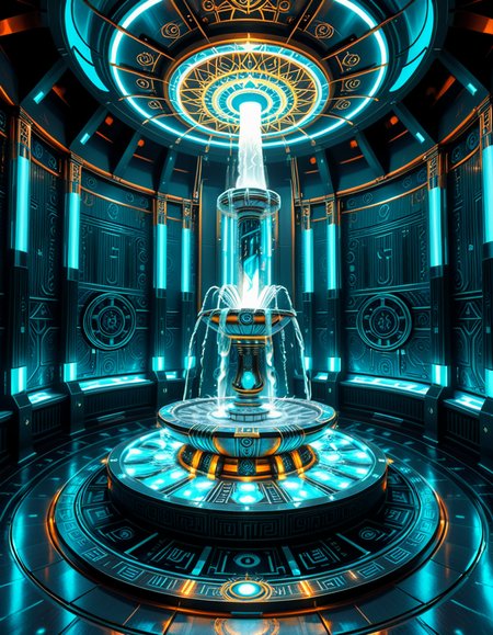 The center of a high-tech, alien temple-laboratory, where dark metallic walls shimmer under the glow of cyan vertical light tubes and faint sacred runes. In the middle of the chamber lies an elaborate biomechanical fountain, rising like an altar from a circular platform of engraved metal. The fountain pulses with iridescent liquid light, flowing in gravity-defying streams that spiral upward before cascading back into a glowing basin etched with ritual patterns. Bioluminescent veins run through the structure, illuminating the surrounding floor like circuitry. Overhead, a radiant, halo-like design casts a celestial glow, enhancing the surreal, sanctified atmosphere. The space exudes a fusion of sacred ceremony and alien technology, as if the fountain were a source of divine power worshipped by another world.
<lora:high-tech_alien_temple_f0unt41n:1>,high-tech alien temple f0unt41n,<lora:SDXLFaeTastic2400:0.4> <lora:extremely_detailed:0.4> extremely detailed, Masterpiece,best quality,hi res,8k,hi res,8k,award winning,(sharp focus, intricate, highly detailed),