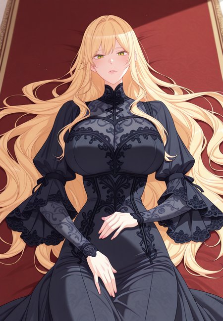 zPDXL3, score_9_up, score_8_up, score_7_up, ,Masterpiece,(perfect female body:1.2), small waist, (incredibly detailed:1.4), beautiful fingers, (large breasts:1.4) looking at viewer, huge breasts,  <lora:Aria_Roscente_-_The_Villainess_Reverses_the_Hourglass-Kaleid_Illustrious:1>aria roscente, 1girl, green eyes, blonde hair, long hair, bangs, dress, black dress, long dress, on back