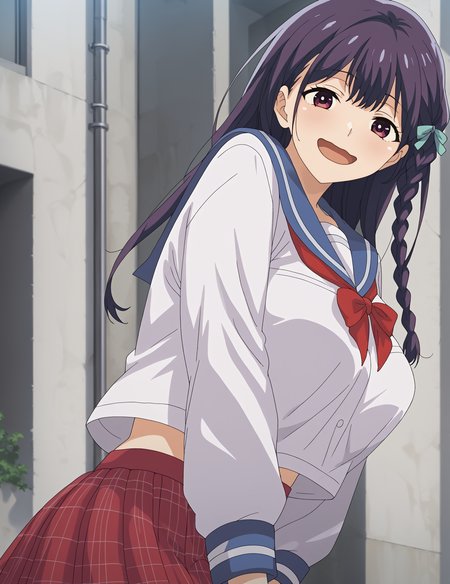 score_9, score_8_up, score_7_up, source_anime,1girl,solo, Kanna_h,side single braid,long hair, hair ribbon, purplish eyes,purple hair,,large  breasts,,
serafuku,blue sailor collar,  white shirt, red neckerchief,,plaid skirt
<lora:Kanna_h_v1:0.8>smile,open mouth,,wavy mouth,,outdoors