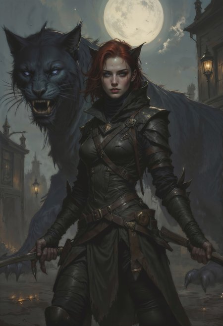 A lithe figure with short, dark crimson hair and golden feline eyes stands poised, their androgynous features sharp and calculating. Their skin is a deep bronze, marked with faint scars and tattoos that shift like smoke. Clad in a form-fitting, obsidian-black armor lined with crimson threads, they wield twin curved daggers. Behind them, a massive panther-like shadow beast materializes, its form semi-ethereal, with glowing violet eyes and claws that drip darkness. The background is a moonlit cityscape, fog curling through alleyways, enhancing the stealthy, lethal atmosphere. The composition is dynamic, with the assassin and their spectral companion positioned for a strike, blending mystery and menace.