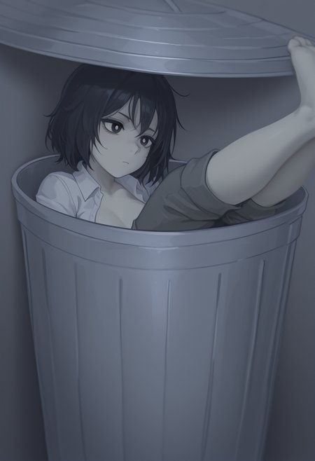 (masterpiece, high quality, amazing detail), highres, 1girl, in trash can, solo, short hair, open clothes, barefoot, collared shirt, pants, black eyes, colored skin, bright pupils, legs up, <lora:In_trash_can:1>