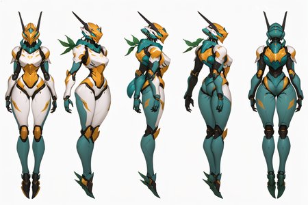 (GENERAL:0), mecha, robot, masterpiece, best quality, very aesthetic, absurdres, solo, standing, flat color, anime screencap,
(VIEWS:0),  full body character turnaround of mecha,
Multiple views of the same mecha,  (simple background, white background:1.2), multiple views, side view, back view, front view, 
,
mask, helmet,
(Creature Ref:0), 
Eel\(animals\)
ï¼
(Mecha Ref:0), 
Gundam,
plate armor, power suit, alien,
android, cybersuit, upper armor, mechanical arms, machinery, prosthesis,
(bodyshape:0), Lanky body,
(clothing:0), (Asymmetrical wrap dress:0.6), 
(grey  
medieval  theme character design:1.1),
 <lora:MechTurnXLRemix_v1:.5>
 <lora:MechTurnXL_v1:.5>
<lora:ClothTurnXLRemix_v1-000004:.25>
 <lora:ClothTurnXL_v1-000004:0.25> 
<lora:CharTurnXL_v2:0.25>
 <lora:xl_more_art-full_v1:.25>,
 <lora:Alphonse Mucha Style:.1>, Alphonse Mucha Style page
 <lora:å½é£æç»SDXL:.1> 
 <lora:mecha:.2><lora:EnvyMechaGirlXL01:.5> <lora:EnvyMechaGirlXL02:.38>