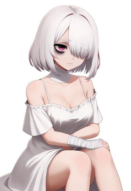 score 8 up, solo,1girl, white hair, hair over one eye, two-tone eyes, pink eyes, red eyes, white clothing, spaghetti_strap, oversized blouse, medium breasts, bags under eyes, mascara, bandaged_neck, bare legs, fewarriorsportraits, portrait, white background