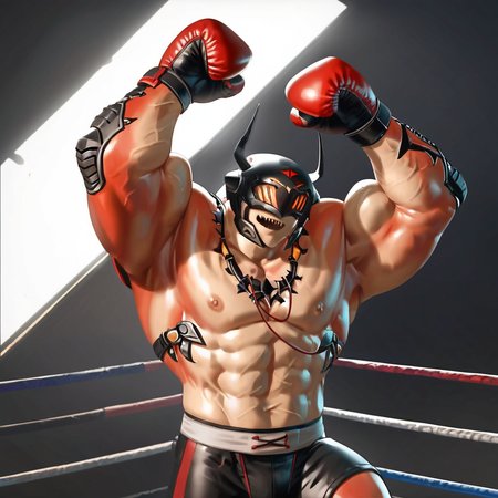 anime artwork score_9, score_8_up, score_7_up, best quality, high quality, highly detailed, cel shading, source_cartoon, <lora:Smooth Style LoRA XL:0.6> drakahlcru,in a boxing ring, wearing boxing gloves,  sharp teeth, metallic helmet, orange eyes, muscular humanoid, dark red fleshy skin, <lora:Drakahl_Crucible:0.8>