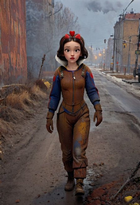 Rusted, rusted landscape, an Disney princess Snow White,  wearing a Hazmat suit, walking on a side walk in a run down russian city, smoke, chem trails, extreme close-up, portrait, raw, masterpiece, extreme insanely realistic detailed and intricate, extreme realistic detail, doomer aesthetics, depressing feelings, night, vintage painting, painting, realism,
