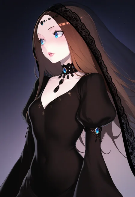 masterpiece,best quality,amazing quality,
1girl, solo, long hair, blue eyes, brown hair, lips, upper body, puffy sleeves, jewelry, veil, looking to the side, choker, wide sleeves,
 <lora:Solopipb:1>