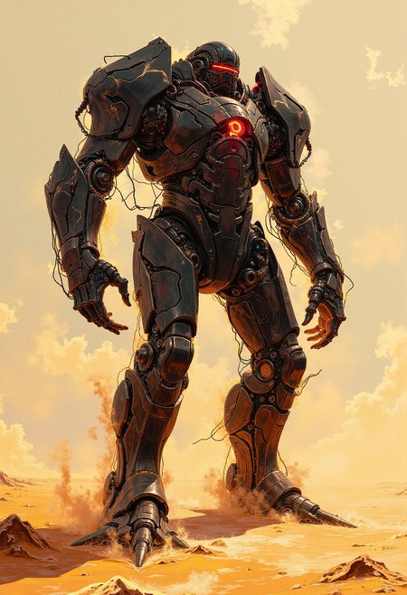 A towering, humanoid machine, covered in dark, sleek metal armor, stands in the middle of a desert under a blazing sun. The machineâs torso is broad, with intricate mechanical joints visible between the armor plates, giving it a powerful yet flexible appearance. Its arms are massive, ending in mechanical hands with long, claw-like fingers. The face is featureless, but a glowing red slit in place of eyes shines ominously. The desert is desolate, with a cracked, sunbaked surface stretching out in all directions, and heat waves distort the horizon. The atmosphere is tense and apocalyptic, with the figure casting a long shadow on the scorched earth. The style is hyper-realistic, emphasizing the texture of the metal, the desert's dryness, and the intensity of the sunâs light.    <lora:FLUX-daubrez-DB4RZ:0.93> DB4RZ, DB4RZ style painting, <lora:ARTifacts:0.66>