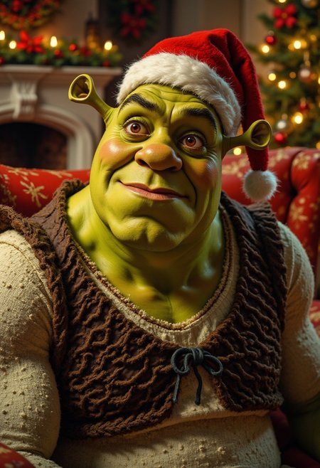 shrek wearing a christmas hat he looks grumpy while sitting inside of a christmas living room