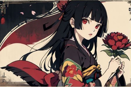 enma ai, hair down, hair black, bangs, eyes red, masterpiece, best quality, ultra-detailed, illustration, 1girl, solo, highres, photorealistic, ultra high res, (Original illustration composition), (fusion of limited color, Maximalism artstyle, kimono obi fashion, double exposure, background, illustration, Amazing, lily spider, night darkness, open one's mouth, flowers red, (polychromatic peony:1.15), Movie poster, ink Chinese