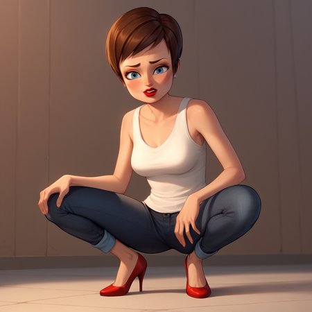 score_9_up, score_8_up, BREAK, 1girl, solo, RoxanneRitchi, brown hair, short hair, blue eyes, lipstick, white tank top, black pants,  red flats, full body, squatting, spread legs, <lora:Roxanne_Ritchi_PXL_Leaf2:1>,