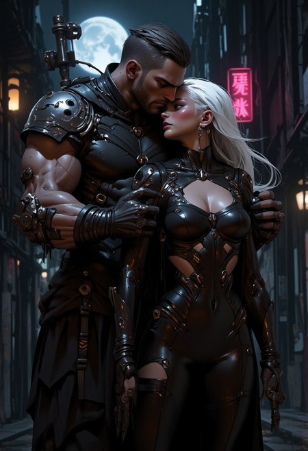 "create an intense, sensual scene featuring a tall, confident prision guard with long flowing white hair and a sharp, commanding presence, she wears a fitted leather uniform with provocative cutouts, emphasizing her figure, particularly around her chestand wais. Her face is expressive, blend of authority and desire, with a hint of a smirk that reveals her playful, sarcartic nature. Behind her stands a muscular prisioner with rugged features, hands firmly holding her shoulders as he leans in to kiss her neck. She is slightly turned her eyes closed as she succumbs to the moment, hes lips parted in a soft, intense expression. The dimly lit room has a gritty, techwear, black outfit, industrial feel, with shsadows casting across their forms, emphasizing the tension between power and vulnerability." Dark alley on a cyberpunk city night background. Neon-lit, moonlight.