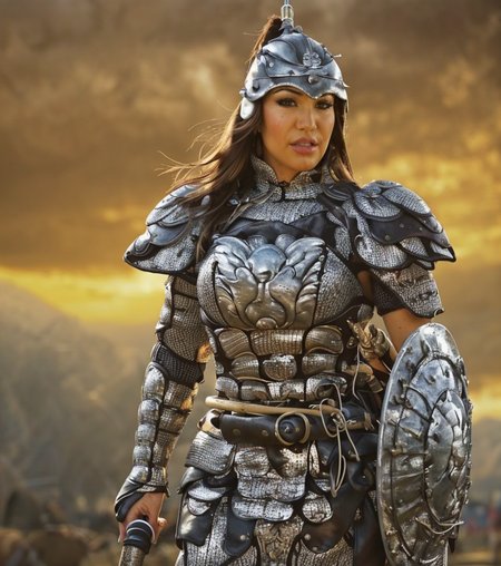 RAW photo, (masterpiece:1.3), subsurface scattering, heavy shadow, (high quality:1.4), (intricate, high detail:1.2), professional photography, HDR, High Dynamic Range, realistic, ultra realistic, photorealistic, high resolution, film photography, ambient lighting, atmospheric effects, <lora:detail_slider_v4:2>, OverallDetail,  AvaD, <lora:AvaD:1> , as a female monar warrior, wearing light armor, leather armor, chainmail, holding a shield, helmet, holding a spear,<lora:MongolArmor:0.8>, epiCPhoto