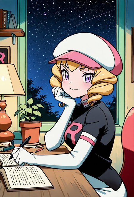 masterpiece, best quality, 1girl, solo, looking at viewer, smile,    zzDomino, purple eyes, blonde hair, drill hair, short hair,   white gloves, white hat, pink hat, white skirt, team rocket uniform,   <lora:DominoPokemon_IXL_v2:1.0>,, zzLofi, sitting, side view, desk, chair, book, bookshelf, head rest, holding, holding pen, lamp, night, open book, pen, plant, potted plant, sky, star (sky), starry sky, window, windowsill, writing, <lora:LofiGirl_Style_IXL:0.8>,