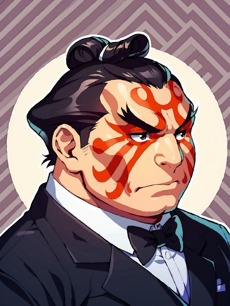 score_9, score_8up, score_7up, score_6up, score_5up, score_4up, abstract background, source_cartoon, rating_safe, BREAK
solo, mature male, 1boy, sf2ehonda, black hair, hair in bun, black eyes, red facepaint, fat, overweight, tuxedo, bow tie, upper body focus, BREAK
 <lora:E._Honda__Edmond_Honda_-_Street_Fighter_-_PDXL:1>