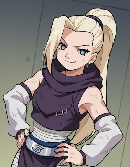 score_9, score_8_up, score_7_up, source_anime, <lora:ino-yamanaka-s1-ponyxl-lora-nochekaiser:1>, ino yamanaka, long hair, blonde hair, ponytail, high ponytail, blue eyes,, bare shoulders, detached sleeves, bandages, bandaged leg, sleeveless, hoodie, hood down, crop top, purple crop top, pelvic curtain, detached sleeves,, indoors, smug, smile, looking at viewer, solo, hands on hips,, cowboy shot, dutch angle