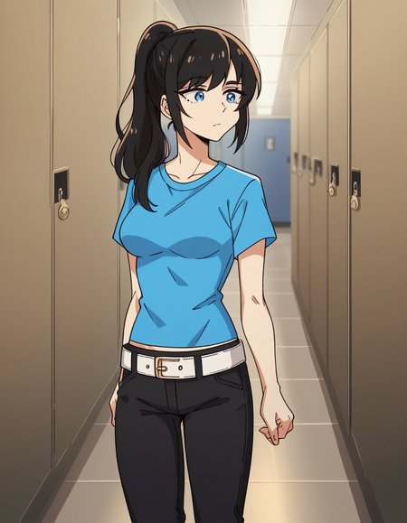 score_9, score_8_up, score_7_up, source_anime, <lora:classof09-nicole-ingame-ponyxl-lora-nochekaiser:1>, nicole, long hair, blue eyes, black hair, ponytail, medium breasts,, shirt, short sleeves, belt, pants, black pants, blue shirt, t-shirt, school hallway, lockers, between classes, everyday life, , , v,, solo,, dutch angle,