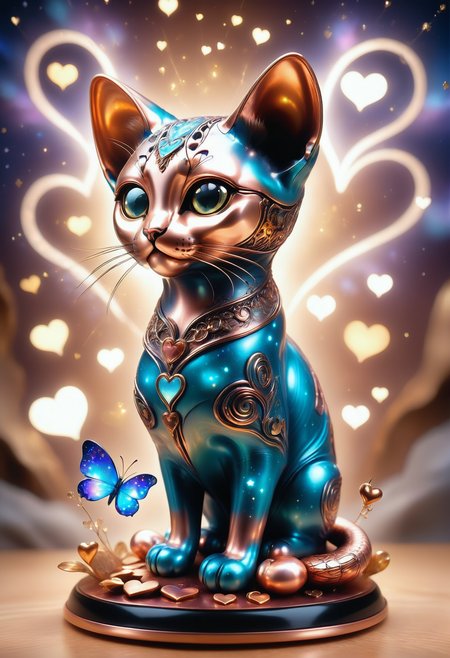 a cute zhibi domestic animal <lora:zhibi:0.8> made out of Jed-ANC <lora:ArtNouveauCopperStyle:0.9>, cuteness overload, surrounded by stardust and floating hearts <lora:heartmiststyle:0.5> in a starLS fantasy landscape <lora:stardustlandscapes-000006:0.7>, (neo, sphynx cat:1.3) , weird and scaly, at dusk, mystical, contest winner, striking, complex, romantic, original