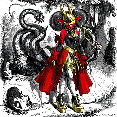 sfw, masterpiece, best quality,absurderes,1girl,solo,medusamon,snake hair,single eye,cyclops,gold mask,gold horns,red skin,pointy ears, 2 horns,<lora:MedusamonXLBeta:1>,   <lora:LLbretonXL:1>,llbreton,monochrome,greyscale,outdoors,trees,cave,standing,full body,dress,platform footwear,fangs,low wings,tail