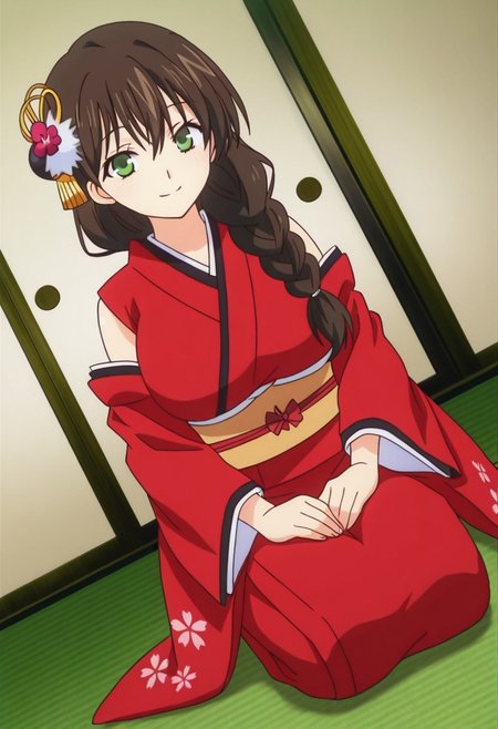 general,highres, ultra-detailed,very aesthetic,best quality ,best hands,best eyes,easynegative,
dynamic anglre, dutch angle, anime cloring,anime screencap,
1girl solo,looking at viewer,washitsu,smile,seiza,indoors,
Nami Horikawa,brown hair,single braid,greeneyes,huge breasts,hair ornament,crinoline,bare shoulders japanese clothes,kimono,