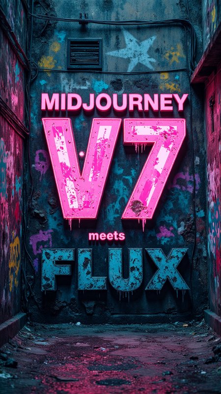 Text:"Midjourney V7 meets FLUX" boldly stamped across a crumbling, graffiti-covered concrete wall in a post-apocalyptic urban alley, with neon splashes and shattered light streaks making the text the unmistakable focal point of raw street art.     , aidmamjv7