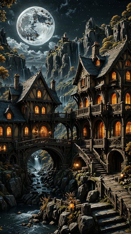 photorealism, intricate details, extremely detailed, masterpiece, masterpiece, Outstanding intricacies, best quality, hires textures, high detail, incredibly detailed, Cinematic Lighting, at night, A hobbits Mansion, River, Bridge, waterfall, Large Marble Moon, intricately detailed, true masterpiece, UHD, vibrant neon, studio quality Overall Detail, Painstaking attention to details, Epic, UHD , <lora:3D_Framed_Wall_Art_-_By_DICE:1>. (3D Framed, Moon), (Use Dream Diffusion Secret Prompt)