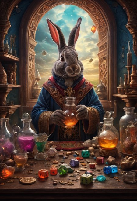 Ethereal fantasy concept art of a Rabbit Mage brewing potions. Dice, magnificent, celestial, ethereal, painterly, epic, majestic, magical, fantasy art, cover art, dreamy, insanely detailed and intricate, hyper maximalist, elegant, hyper realistic, super detailed, vivid colours, ornate, dynamic, articulate, 8K, <lora:3D_Framed_Wall_Art_-_By_DICE:0.6>, (Framed 3D), EPIC, high budget Hollywood movie, volumetric, Painstaking Attention To Detail, UHD