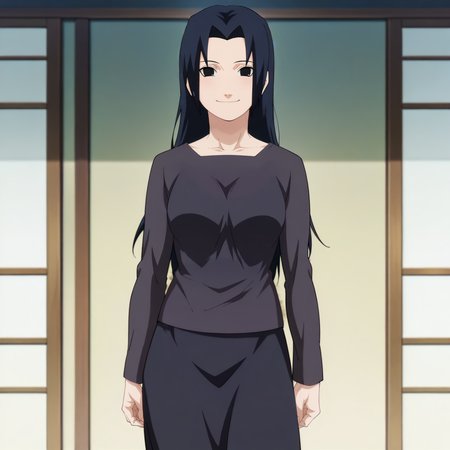 looking at viewer, standing, smile,solo,portrait, face_focus
, <lora:uchiha_mikoto_IL:0.9> uchiha_mikoto_il, parted bangs, bangs, long hair, black hair, black eyes, medium breasts,
shirt, skirt, black shirt, black skirt, long sleeves, long skirt,
anime screencap, masterpiece, best quality