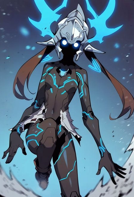 score_9,score_8_up,score_7_up,score_6_up, easynegative, Magnus_PS, 1girl, helmet, small breasts, black skin, blue eyes, no mouth, standing on one leg, glowing, blurry, looking at viewer, humanoid robot, epiCPhoto