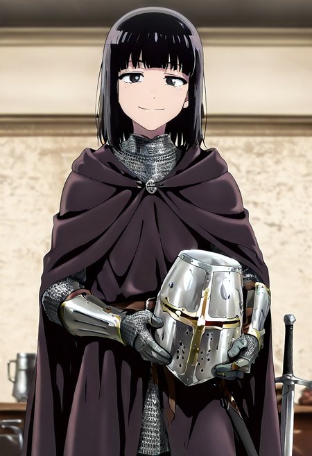 masterpiece, best quality, absurdres, detailed skin, detailed eyes, anime colored, anime screencap,
<lora:Suzushiro_Hatsuka_IL-000008:0.8>, Suzushiro Hatsuka, 1 boy, femboy, solo, black hair, black eyes, looking at viewer, smile, mouth open, no headwear,
<lora:Great_Helm:1>, chainmail, ((holding helmet)), greathelm, sword, sheathed, cape, gauntlets,