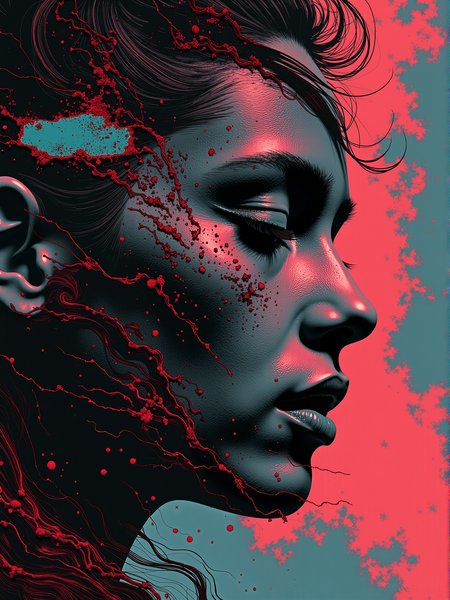 An illustration for a song. The text reads: "Aqua Regia" with a desaturated yet dark color scheme, utilizing toned hues juxtaposed against deep blacks and muted tones symbolizing the duality of human emotion and modern existence. Abstract and metaphorical visuals, such as fragmented reflections, distorted realities, and dreamlike sequences that evoke the song's themes of struggle, transformation, and the interplay of love and war with an overseeing Deus.
Well, my love is an animal call
Cutting through the darkness, bouncing off the walls
Between teeth on a broken jaw
Following a blood trail, frothing at the maw
<lora:Darkcore:0.3> darkcore <lora:Glitchcore_Flux:0.4>