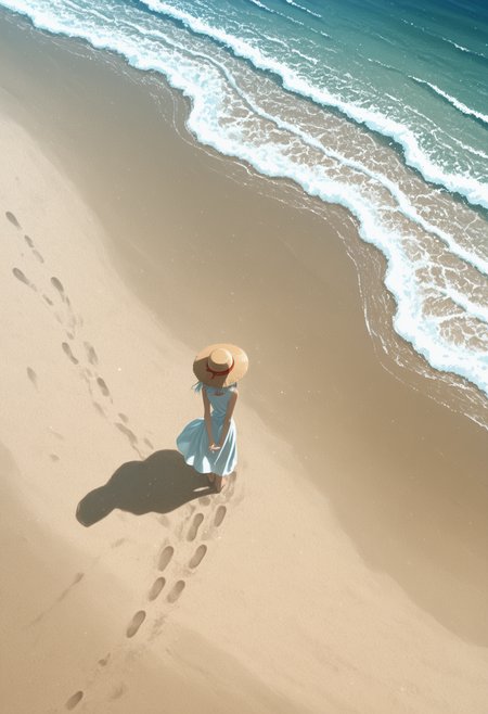1girl, from above, facing away, footprints, bare foot, very wide shot, beach, foaming waves, outdoors, down, solo, white dress, sleeveless dress, arms behind back, straw hat, from behind, 
(anime coloring:0.6), (isshiki \(ffmania7\):0.5),
<lora:illustrious_noobai_epsilon_pred_1_masterpieces_v1:1> masterpiece, very aesthetic, absurdres, <lora:spo_sdxl_10ep_4k-data_lora_webui:0.8>, <lora:NOOB_vp1_detailer_by_volnovik_v1:0.6>,  <lora:negative-space-merged-3:1> negative space