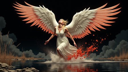 Art Nouveau illustration, Scottish, fire theme, black-toned illustration of a heavenly mature futuristic clothed feathered screaming valkyrie sprinting in a dark decrepit Pond, intricate white and poppy-red and silver Voronoi, eldritch, smoky, billowing bright dust, very detailed,