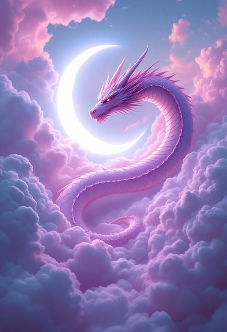 a mystical, soft scene set in a full of cloudy, daytime sky, featuring a large, serpentine dragon coiled around a luminous crescent moon. The dragon's body is long and sinuous, with light pink, jagged scales that create a stark contrast against the bright, glowing white moon. Its head is adorned with a crown of sharp, angular horns, and it gazes down with a menacing yet majestic presence. The moon, radiating an ethereal pink light, appears almost crystalline, casting an otherworldly glow on the surrounding clouds, which are illuminated in varying shades of deep pink and white. The overall composition has a surreal, dreamlike quality, combining elements of fantasy and celestial imagery. The artwork is rich in detail, with the clouds rendered in a soft, billowing texture, while the dragon and moon feature sharp, defined lines and highlights, enhancing the mystical atmosphere of the piece.