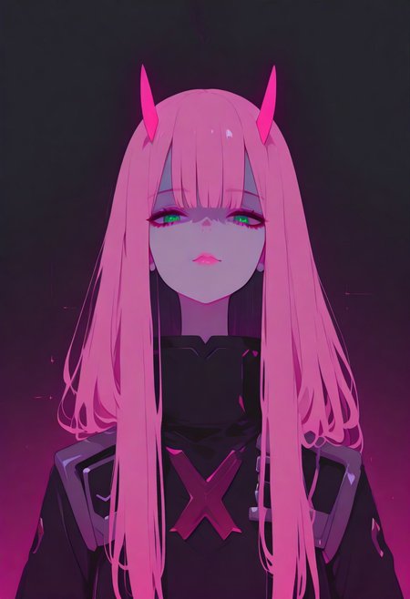 masterpiece, best quality, good quality, very aesthetic, absurdres, 1girl, Zero Two (Darling In The FranXX), solo,, masterpiece, best quality, very aesthetic, pink lips, deep shadows, dark theme,