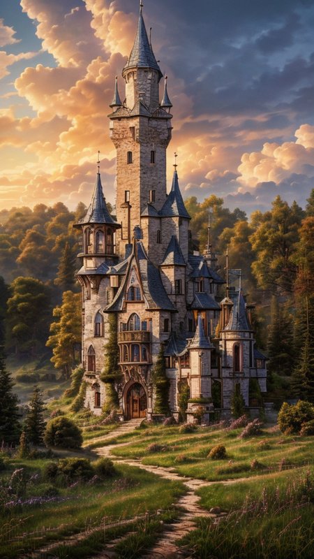 realistic analog photo, award winning photo,
 <lora:Wizard_Tower:0.75> witow, castle, cloud, cloudy sky, grass, no humans, scenery, sky, tower, tree, <lora:Fantasy_Mountains:0.75> fanmou, footprints, forest, grass, nature, no humans, outdoors, sky, tree,
RAW, highres, 8k, uhd, High Dynamic Range, tonemapping, crisp details,