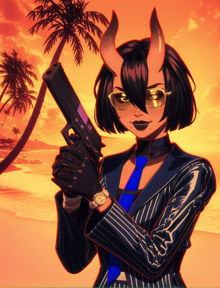 GLSHS,delicate colors,partially illuminated, (masterpiece, absurdres, very awa:1.4), golden hour, orange theme, sunset, beach, rocks, beach ball, sand, palm tree, (tilted shot, pose, standing:1.2), drinking tropical drink, drunk, smug, looking at viewer, fortnitenightrose, 1girl, black hair, short hair, bob cut, bangs, hair between eyes, hair over one eye, asymmetrical horns, oni horns, skin-covered horns, black eyes, black sclera, sclera, closed mouth, mole, mole under mouth, black lips, lipstick, makeup,  (fully clothed, navy pinstripe black jacket, suit, navy pinstripe blue suit, striped suit, black business shirt, black shirt, blue tie, silver wrist watch,  black collared business shirt, blue tie, silver wristwatch, gold tinted non reflective aviators, aviators, golden aviators, holding handgun:1.5), <lora:GLSHS-IL:1.2>,  <lora:Fortnite_The_Night_Rose_All_Outfits_ILXL:0.8>, <lora:dmd2_sdxl_4step_lora:1>