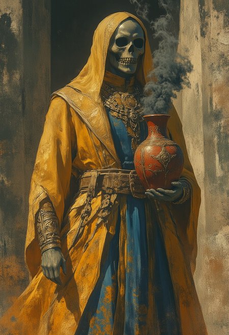 fg ,midjourney, 
Dark fantasy , painting with dim gritt, skull reaper,Golden robe with blue shining futuristic patterns on the robe, jewellry and weapons on him, grainy painting that is too grand in aura, holding a red vase that leaks black smoke from top , vase is emroided in golden patterns
 gritty dark fantasy,