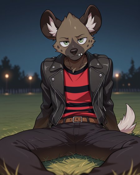 <lora:Haida__Aggretsuko__Character_Illustrious:1>,
masterpiece, best quality, amazing quality, very aesthetic, depth of field, focused subject,  stylized,  night park, close-up,
furry, haida, hyena, (((only male:2))), green eyes, solo, tail,
black jacket, striped shirt, belt, black pants,
sitting on grass,