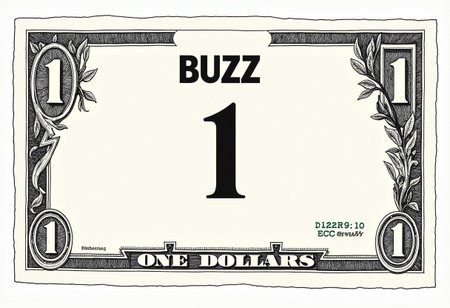 On a One Dollar Bill, with the words "BUZZ" printed at the top,  civitaiLogo, the civitai civitaiLogo Logo is in the center ,the number "1" , in each corner a simple logo of a lightning, all surrounded by decorative borders and drawn in an etching style, DollarStyle,