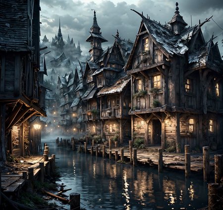 RAW photo, (masterpiece:1.3), subsurface scattering, heavy shadow, (high quality:1.4), (intricate, high detail:1.2), professional photography, HDR, High Dynamic Range, realistic, ultra realistic, photorealistic, high resolution, film photography, ambient lighting, atmospheric effects, <lora:detail_slider_v4:2>, OverallDetail, <lora:Laketown:1>, laketown, a (shabby) village in a lake, old, derelict, small wooden huts, dirt, water, dark, fog,
