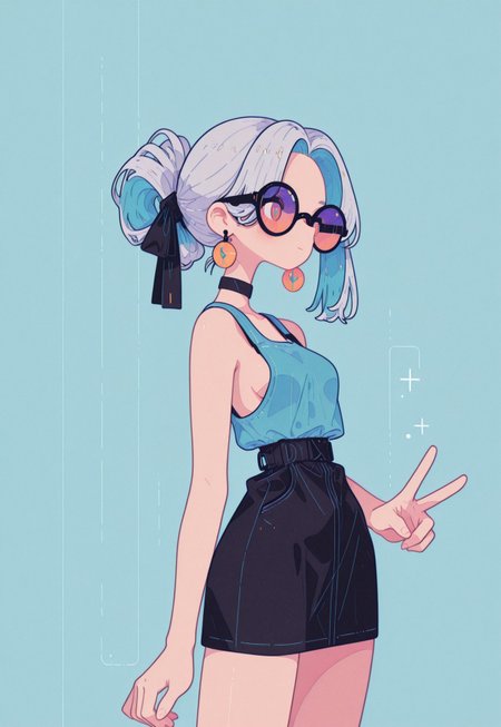 masterpiece, best quality, amazing quality, very aesthetic, absurdres,
1girl, solo, ((from above)),
silver hair, inner color hair, blush, parted bangs,folded ponytail, hair ribbon,
simple pastel turquoise blue  background,
shy, blushed, multicolored hair, 
large round opaque sunglasses,
tank top, tight mini skirt, medium chest, side boob,
black choker, ultra detailed eyes,
looking side, upper body shot,
v,
earrings,  jewelry, hair ribbon,
emotionless ,
from side,
(contrapposto:1.2), thick legs, chubby thick legs, thighs tension, realistic clothes texture,
narrow waist, wide hips, detailed eyes,
fl4t, Flatline, Flat vector illustration, Black outline, Vivid colors