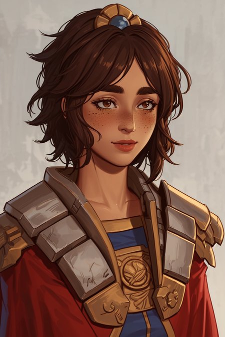 best quality, masterpiece, original, highres, illustration, best lighting and shadow, aesthetic wallpaper, amazing, beautiful, taliyah, 1girl, solo, dark skin, dark-skinned female, short hair, brown hair, thick eyebrows, brown eyes, freckles, extremely detailed and beautiful face, happy, sidelocks, photorealistic, (upper body), blush, head ornament, stone pauldrons, red cape, 
<lora:tali-20:0.5>