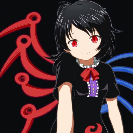 detailxl, masterpiece, best quality, highly detailed, simple background, houjuu nue, small breasts, black hair, red eyes, asymmetrical wings, short dress, black dress, short sleeves, light smile, cowboy shot, standing, pov <lora:Houjuu Nue_epoch_10:1> <lora:detailxl:1>