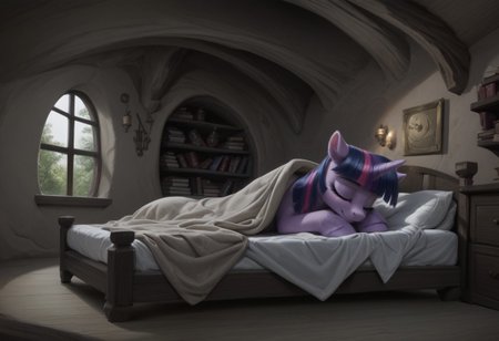 score9, score8up, score7up, score6up, score5up, score4up, Twilight Sparkle, Pony, Horn, Mare, solo, feral, Indoors, Golden Oaks Library interior, Bedroom, Bed, Laying In Bed, Sleeping, ((fluffy)), Eyes Shut, Under Covers, detailed background, Dim Candle Light, hyper-realistic light and shadow, night.