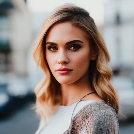 headshot portrait photo of beautiful young model standing in paris street, [art by PhotoHelper], bokeh, hasselblad,35 f1.8 zeiss lens, sharp focus, extremely detailed, detailed eyes, 4k, studio lighting, perfect composition, hyperrealistic