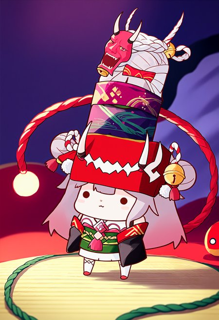 score_9, score_8_up, score_7_up, 1girl, source_anime, <lora:Phdpigeon_XLPD:1.2>, (chibi), <lora:NakiriAyamePDXL:0.9>, AyameBase, oni horns, long hair, double bun, black kimono, short kimono, hair bell, obi, shimenawa, white thighhighs, bare shoulders, long sleeves, oni mask, mask on head, dot eye,